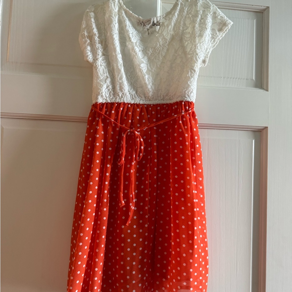 White and Orange Polka Dot Kids Dress